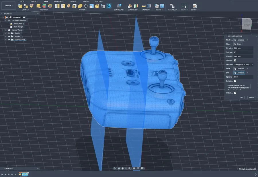 The Mesh to Outline dialog in Fusion 360 with a start and an end plane through a scanned controller