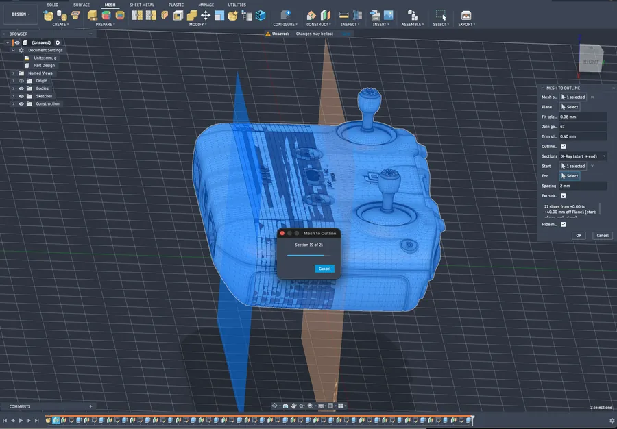 Fusion 360 tracing the sections, with a progress dialog at section 19 of 21