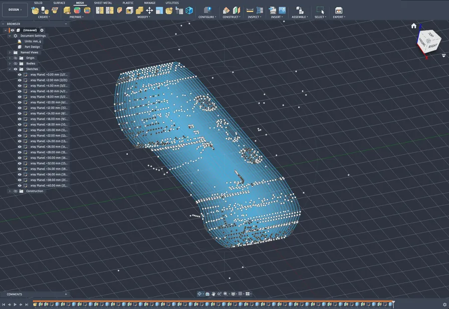Twenty-one section sketches stacked through the controller, each listed in Fusion's browser