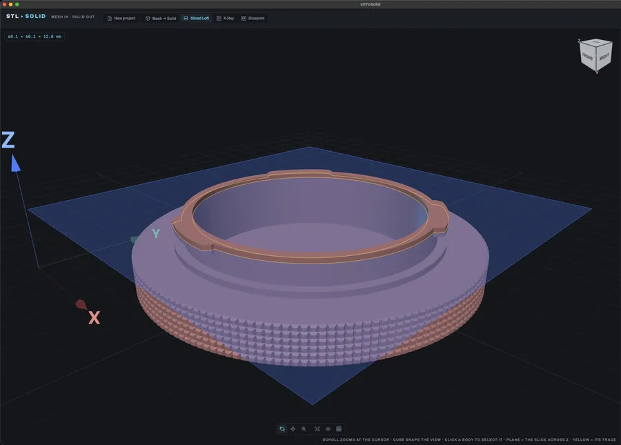 The stlToSolid Mac app: Sliced Loft on a lens body cap, with the slice plane and its traced outline