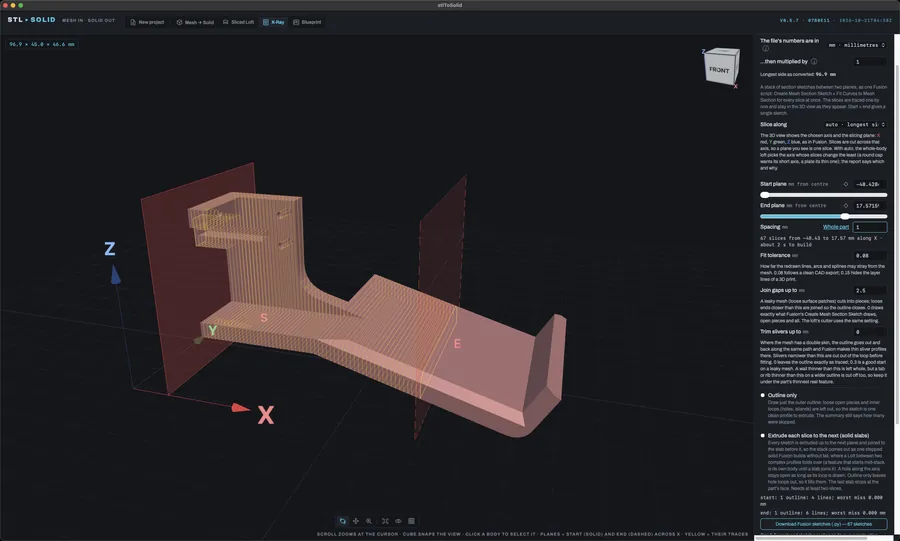 The stlToSolid Mac app: X-Ray tracing 67 section outlines between a start and an end plane