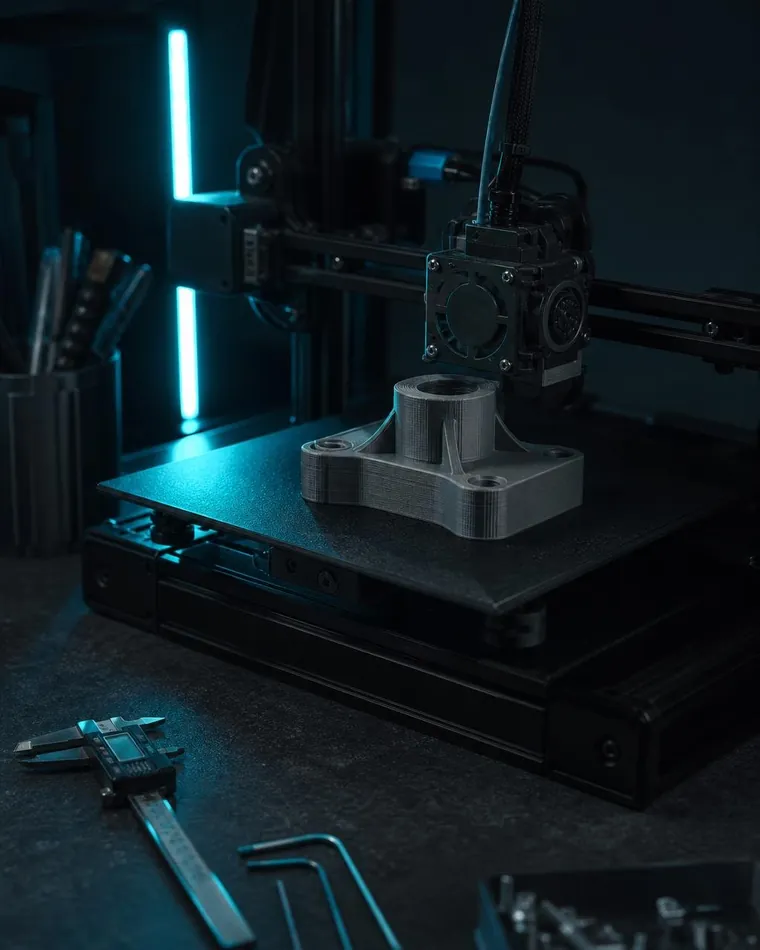 A 3D printer printing a grey bracket at night